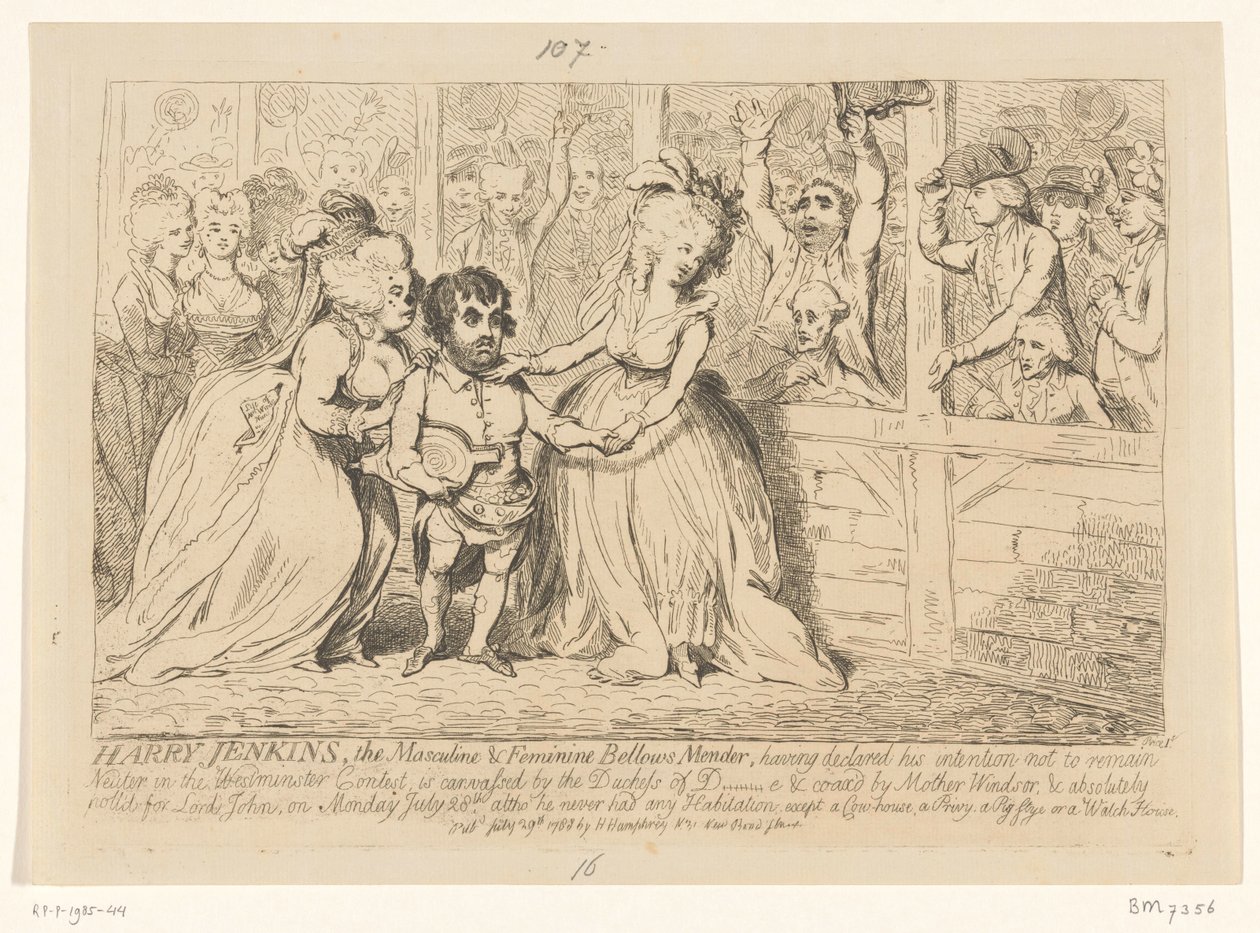 Sarjakuva Englannin sisäpolitiikasta, 1788 Harry Jenkins, The Maskuline & Feminine Bellow Mender tekijältä James Gillray