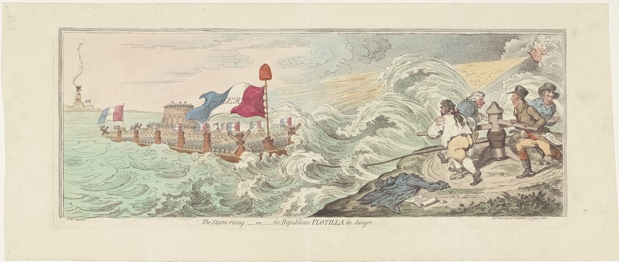 Sarjakuva ranskalaisten suunnitelmista hyökätä Englantiin, 1798 Myrsky nousee - tai - republikaanien laivasto vaarassa (otsikko esineessä) tekijältä James Gillray