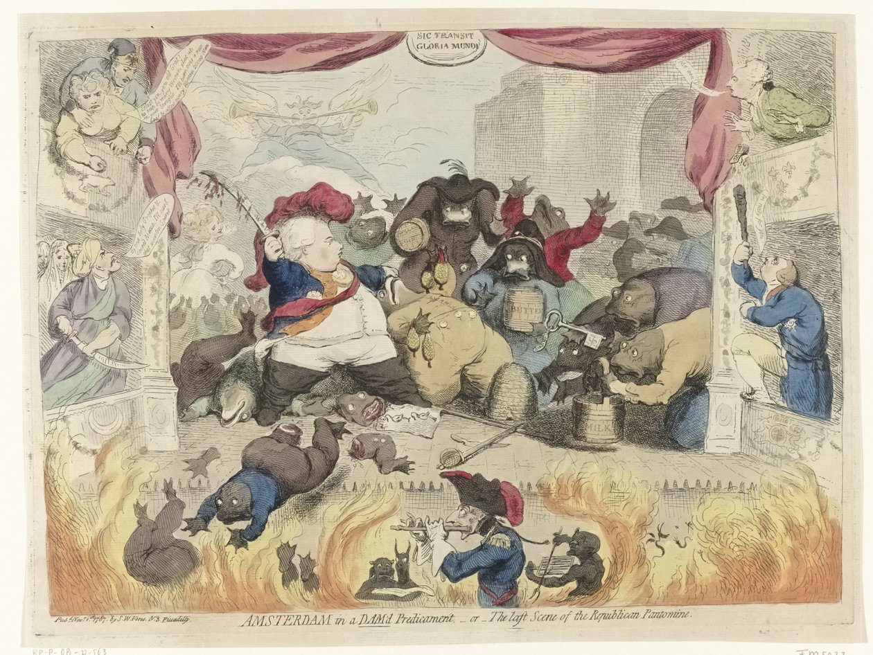 Sarjakuva isänmaalaisten paniikasta kaupunginhaltija William V:n toipumisen jälkeen, 1787 Amsterdam padon ahdingossa, - tai - Republikaanien pantomiimin viimeinen kohtaus (otsikko esineessä) tekijältä James Gillray