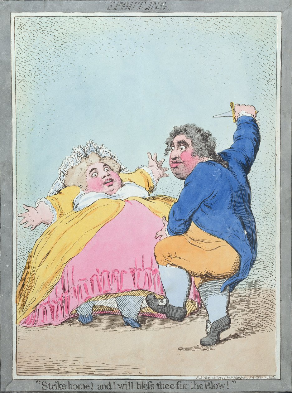 Hannah Humphreyn vuonna 1792 julkaisema "Spouting" (käsinvärjätty etsaus). tekijältä James Gillray