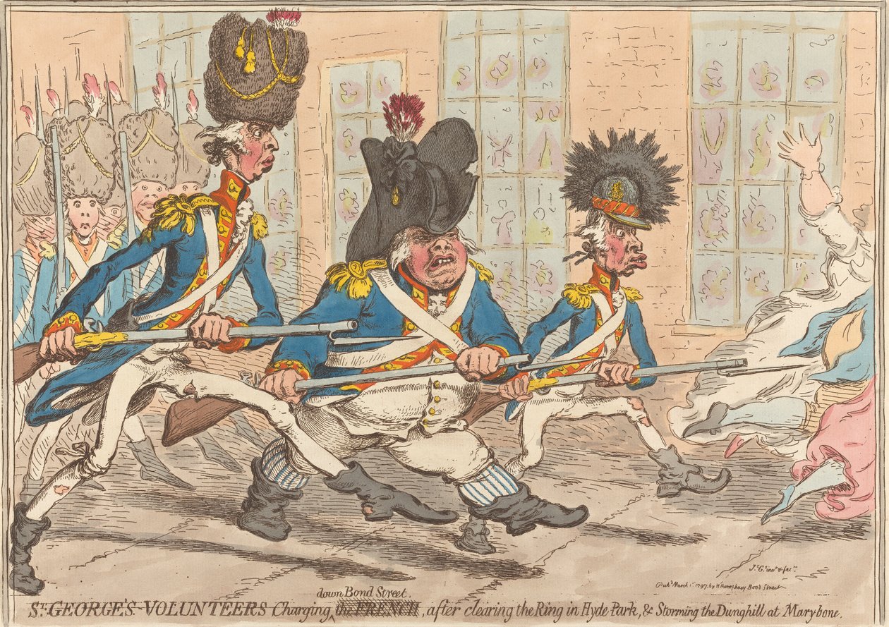 St. George’sin vapaaehtoiset rynnistävät Bond Streetiä pitkin sen jälkeen, kun he ovat tyhjentäneet Hyde Parkin areenan ja valloittaneet Marybonen lannakasan tekijältä James Gillray