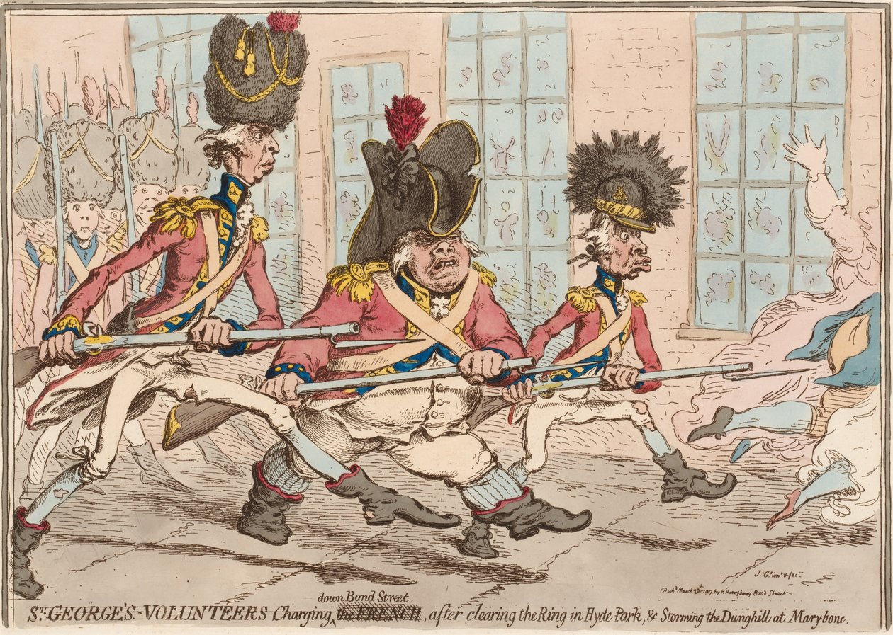 ?St Georgen vapaaehtoiset latautuvat Bond Streetillä, raivattuaan kehä Hyde Parkissa ja hyökänneet Dunghilliin Marlybonessa? tekijältä James Gillray