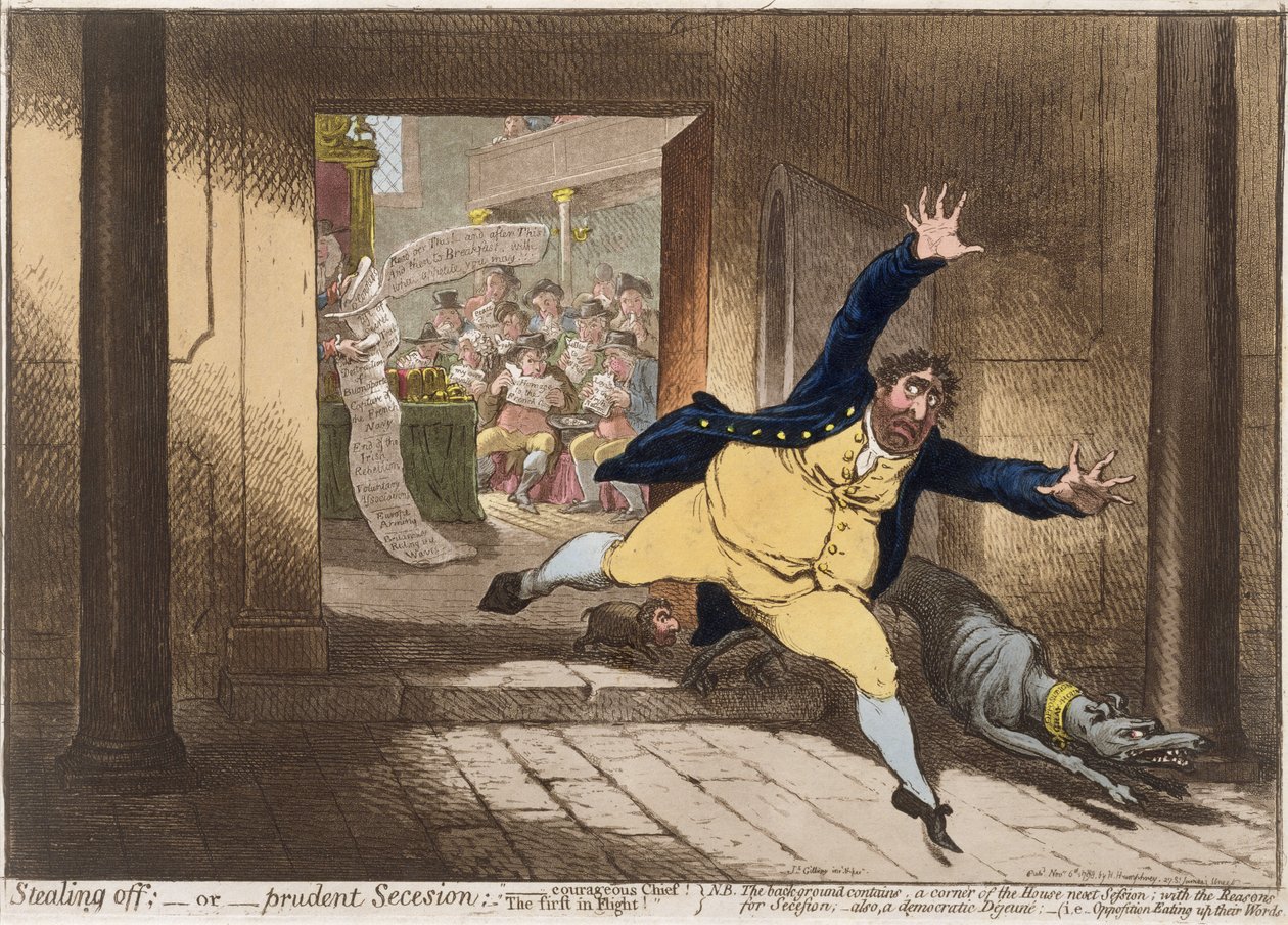 Stealing Off tai Prudent Secesion, Hannah Humphreyn vuonna 1798 julkaisema (käsinvärinen etsaus akvatintalla) tekijältä James Gillray