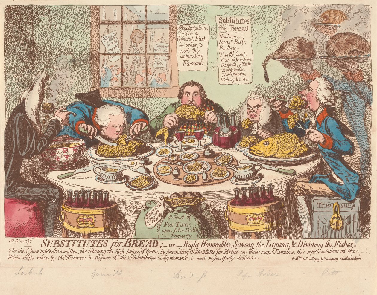 Leivän korvikkeita; - eli - korkea-arvoiset herrat pelastavat leivät ja jakavat kalat tekijältä James Gillray