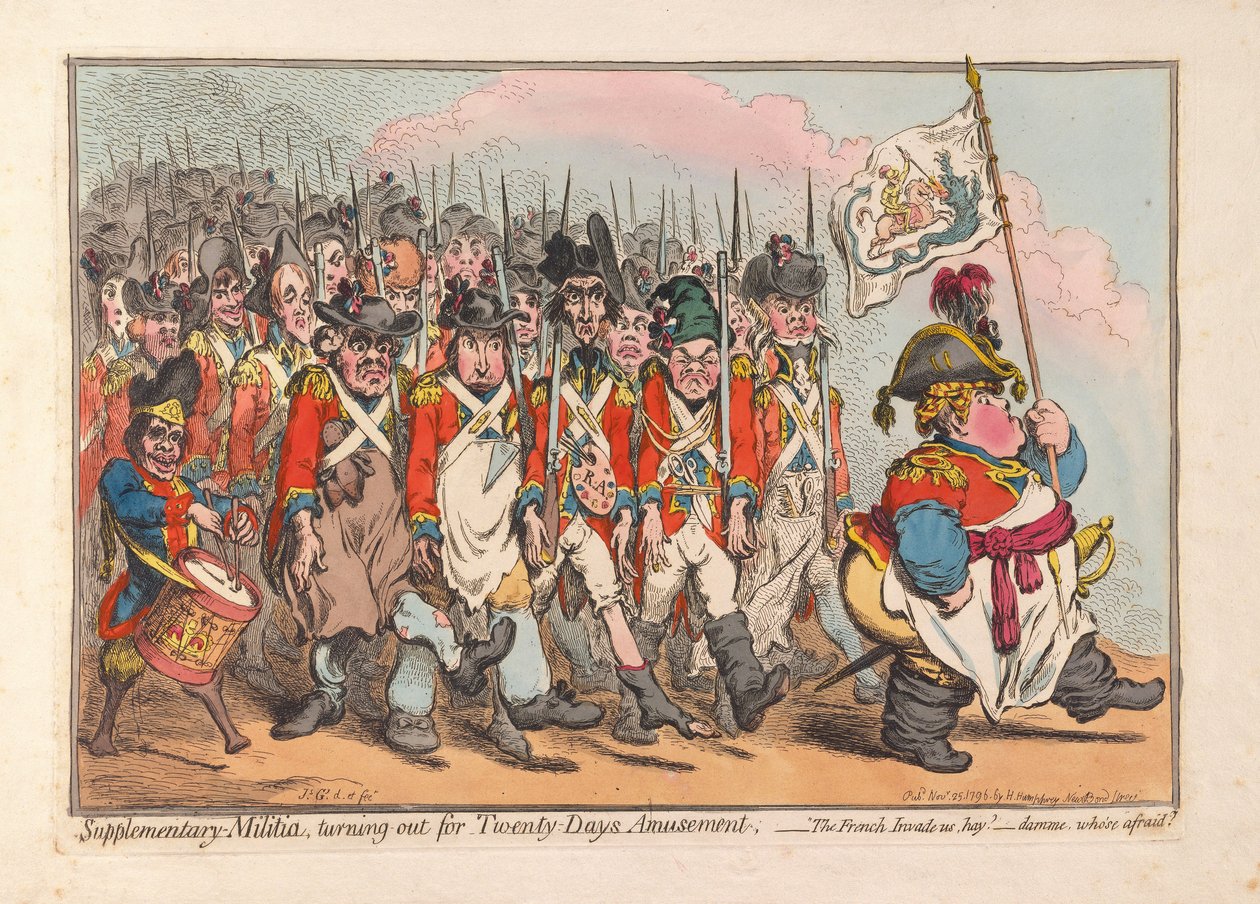 Täydentävä miliisi, saapuu Twenty Days Amusementille, pubi. 1796 (käsinvärinen kaiverrus) tekijältä James Gillray