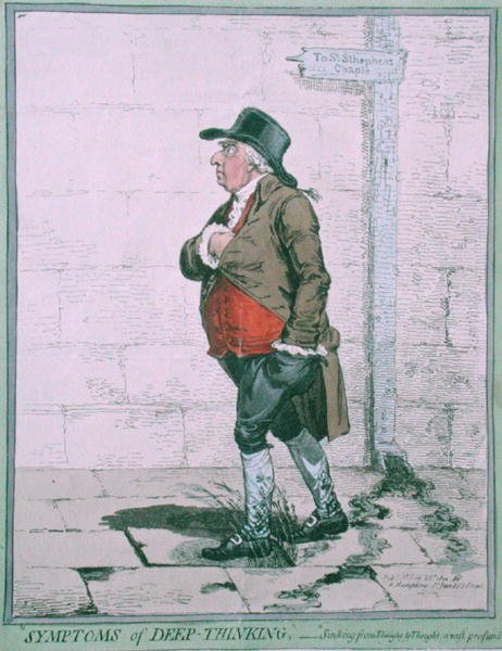Symptoms of Deep Thinking, julkaisija Hannah Humphrey vuonna 1800 (käsinvärinen etsaus) tekijältä James Gillray