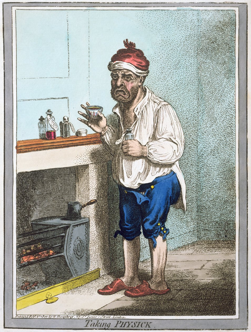 Taking Physick, julkaissut Hannah Humphrey vuonna 1800 (käsinvärinen etsaus) tekijältä James Gillray