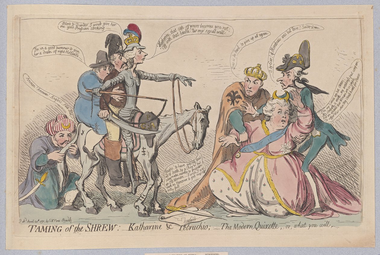 Kääntäjän kesyttäminen: Katherine & Petruchio; Moderni Quijote tai mitä haluatte, pubi. 1791 (käsinvärinen kaiverrus) tekijältä James Gillray