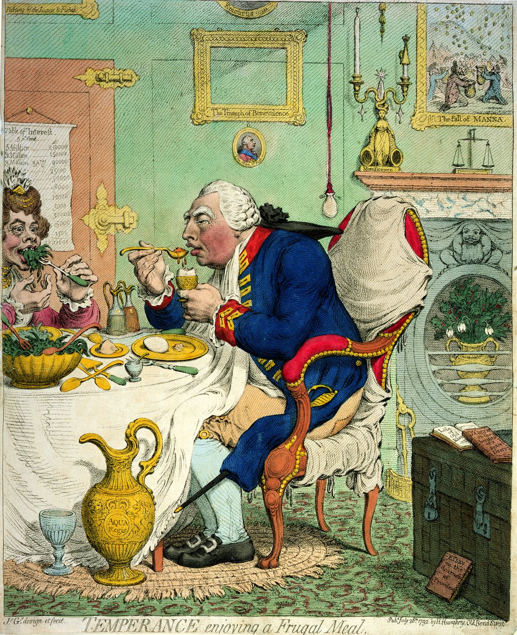 Kohtuus nauttimassa säästäväistä ateriaa, julkaisija Hannah Humphrey, 1792. tekijältä James Gillray