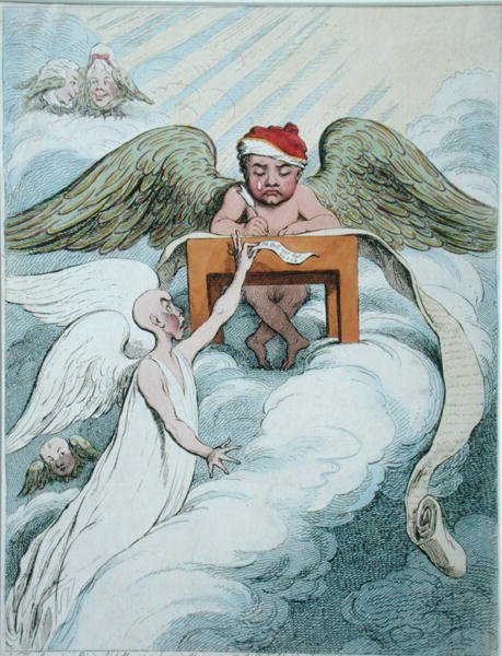 The Accusing Spirit and the Recording Angel, julkaissut Hannah Humphrey vuonna 1791 (käsinvärinen etsaus) tekijältä James Gillray