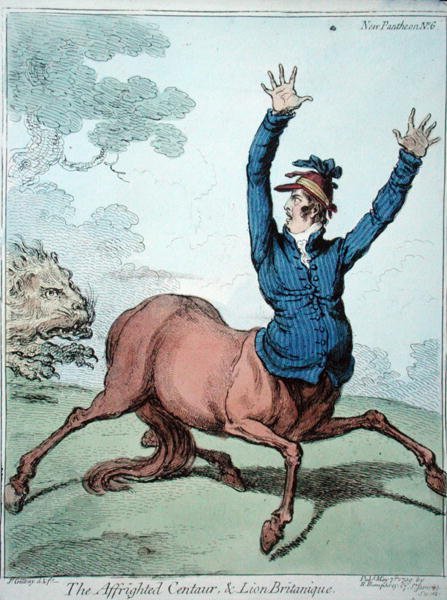 The Affrighted Centaur and the Lion Britanique, julkaisija Hannah Humphrey vuonna 1799 (käsinvärinen etsaus) tekijältä James Gillray