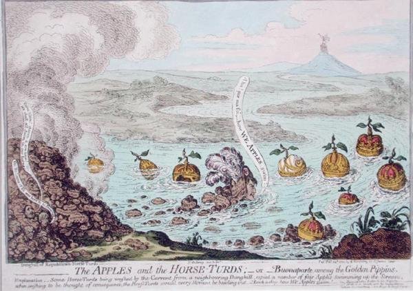 The Apples and the Horse-Turds eli Buonaparte among the Golden Pippins, julkaissut Hannah Humphrey vuonna 1800 (käsinvärinen etsaus) tekijältä James Gillray