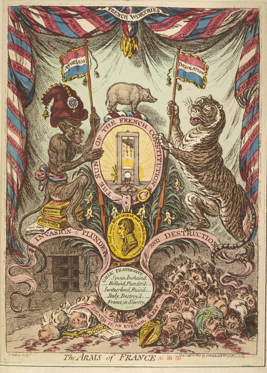 The Arms of France, kuvitus julkaisusta "Uskolliset ja isänmaalliset laskut, laulut, puheenvuorot jne. Bonaparten uhkaamasta hyökkäyksestä Iso-Britanniaan", julkaistiin Lontoossa tekijältä James Gillray
