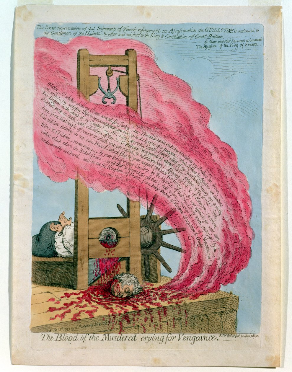 "Murhattujen veri huutaa kostoa", Ludvig XVI:n (1754-93) teloitus giljotiinilla, julkaisija Hannah Humphrey. tekijältä James Gillray