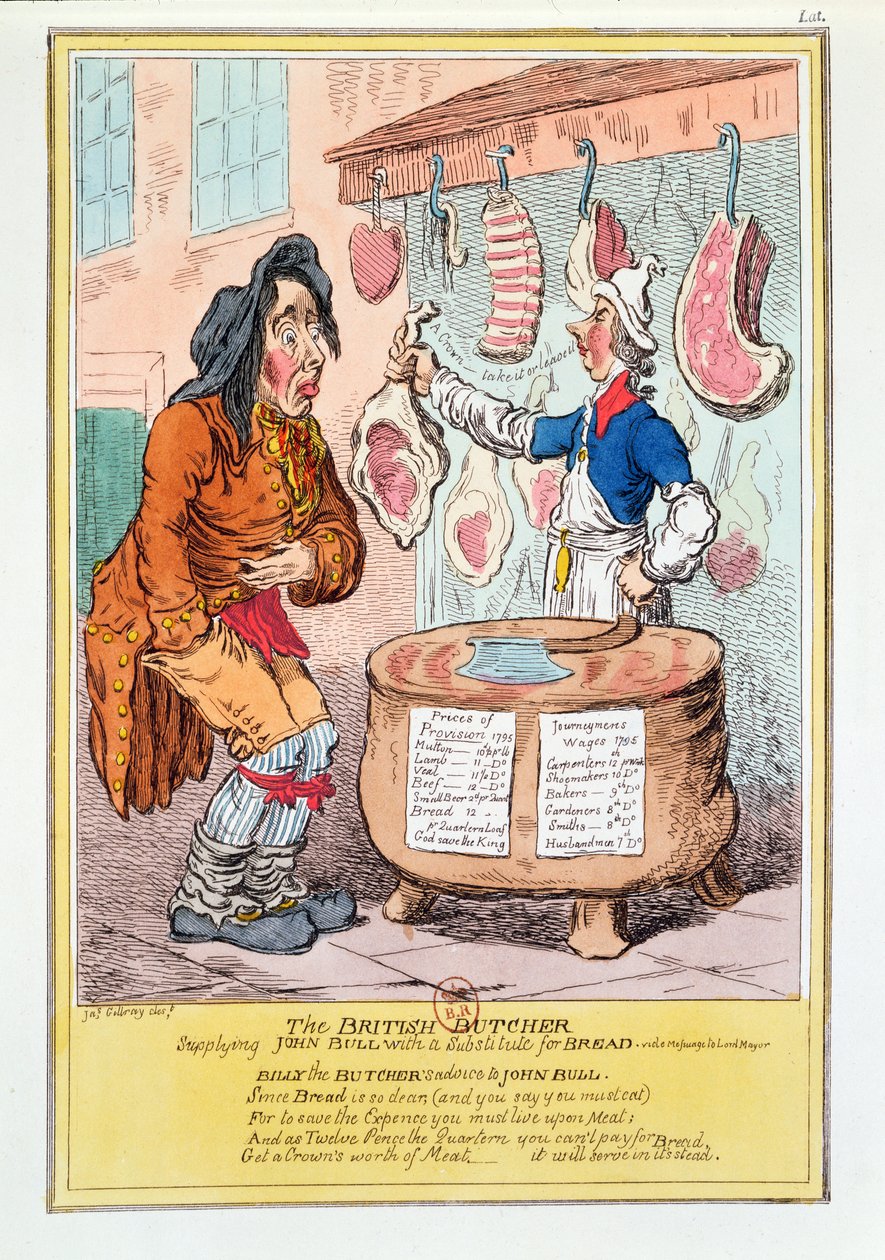 "The British Butcher supplying John Bull with a substitute for bread", 1795. tekijältä James Gillray