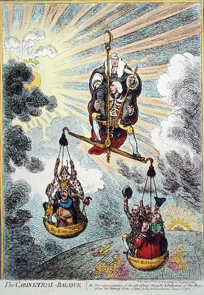 Hannah Humphreyn vuonna 1806 julkaisema The Cabinetical Balance (käsinvärjätty etsaus). tekijältä James Gillray