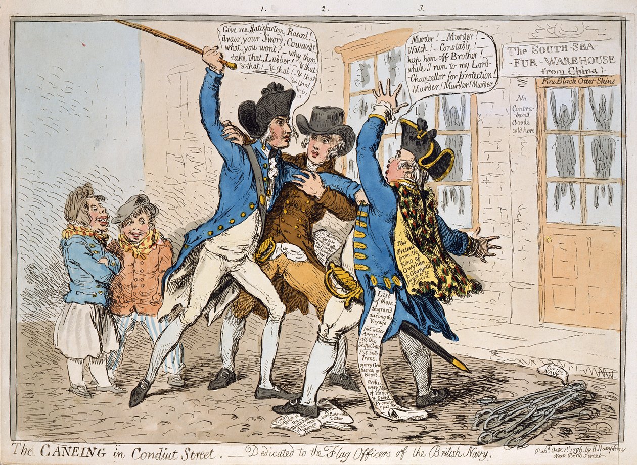 The Caneing in Conduit Street, julkaisija Hannah Humphrey, 1796 (käsinvärinen etsaus) tekijältä James Gillray