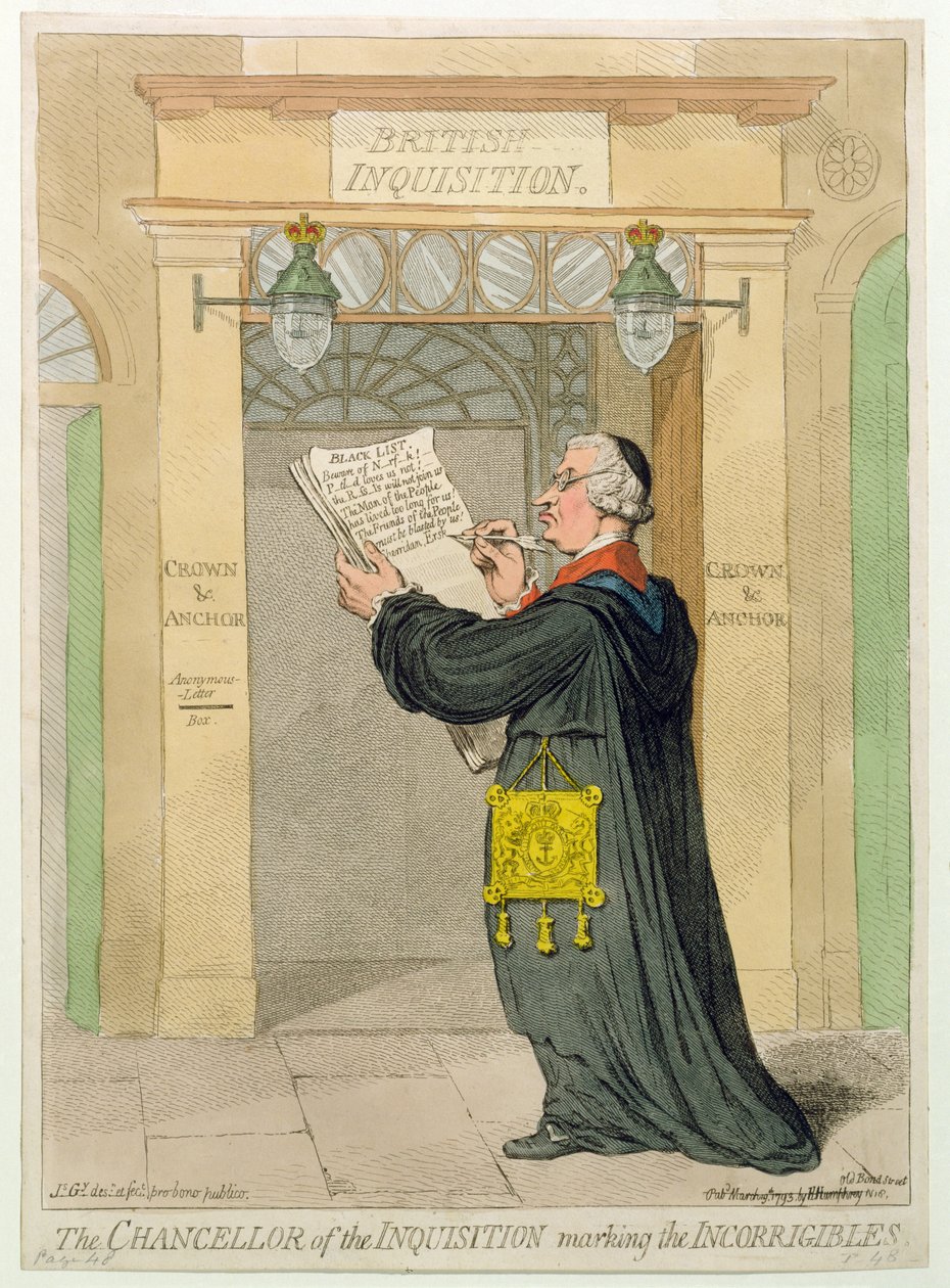 Inkvisition kansleri, joka merkitsee parantumattomia, julkaissut Hannah Humphrey vuonna 1793 (käsinvärinen etsaus) tekijältä James Gillray