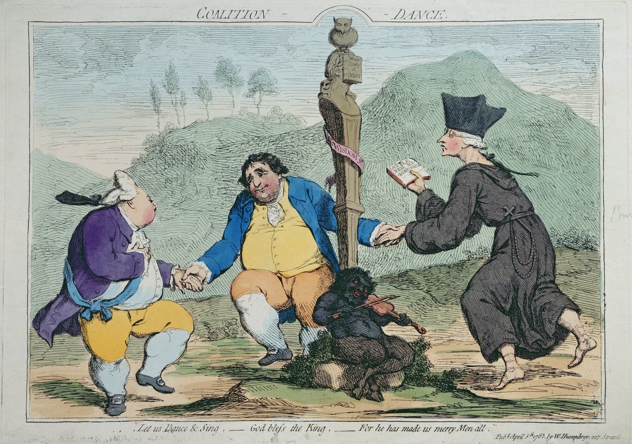 The Coalition-Dance, William Humphreyn vuonna 1783 julkaisema (käsinvärinen etsaus) tekijältä James Gillray