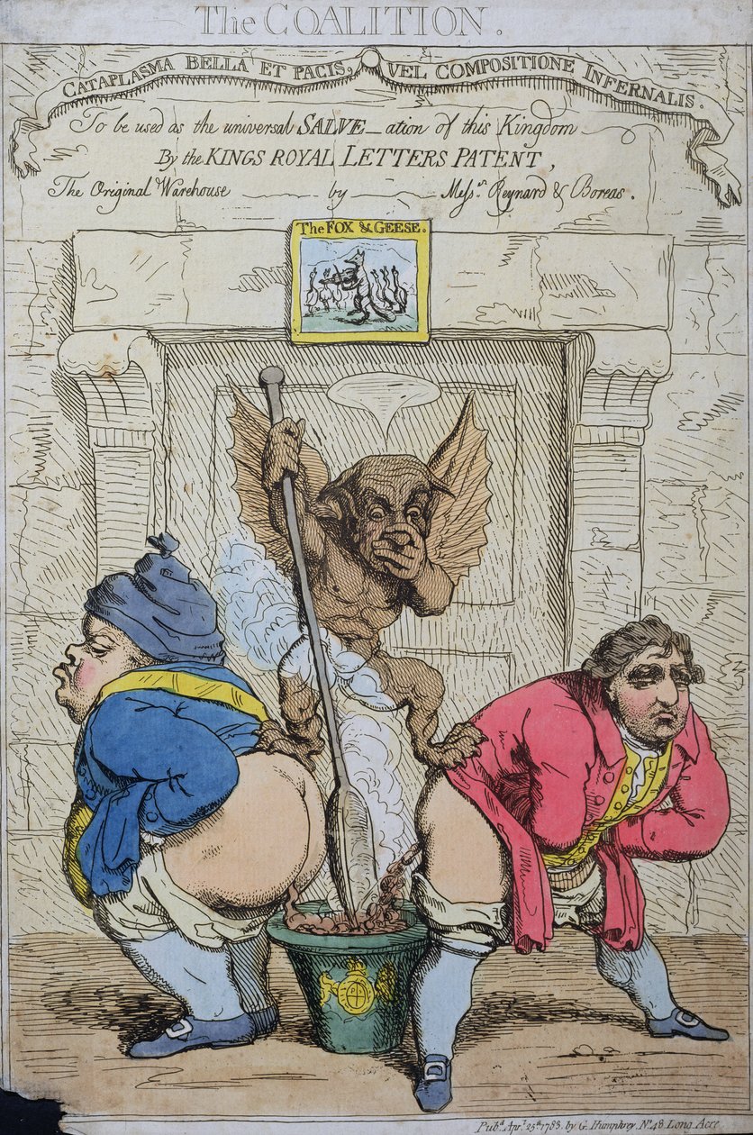 The Coalition, julkaissut G. Humphrey vuonna 1783 (käsinvärinen etsaus) tekijältä James Gillray