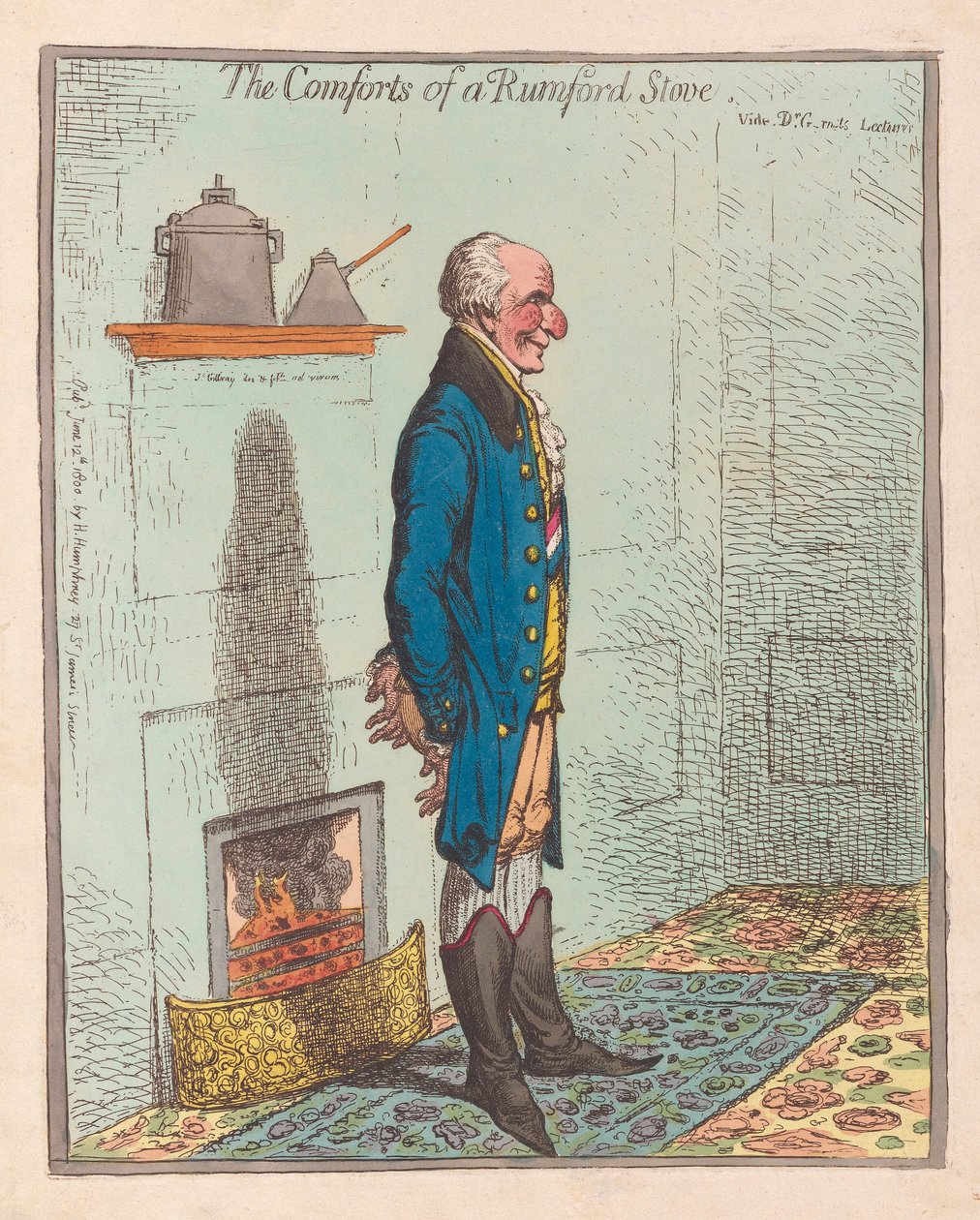 Rumford-uunin mukavuudet, pub 1800 (käsinvärinen kaiverrus) tekijältä James Gillray
