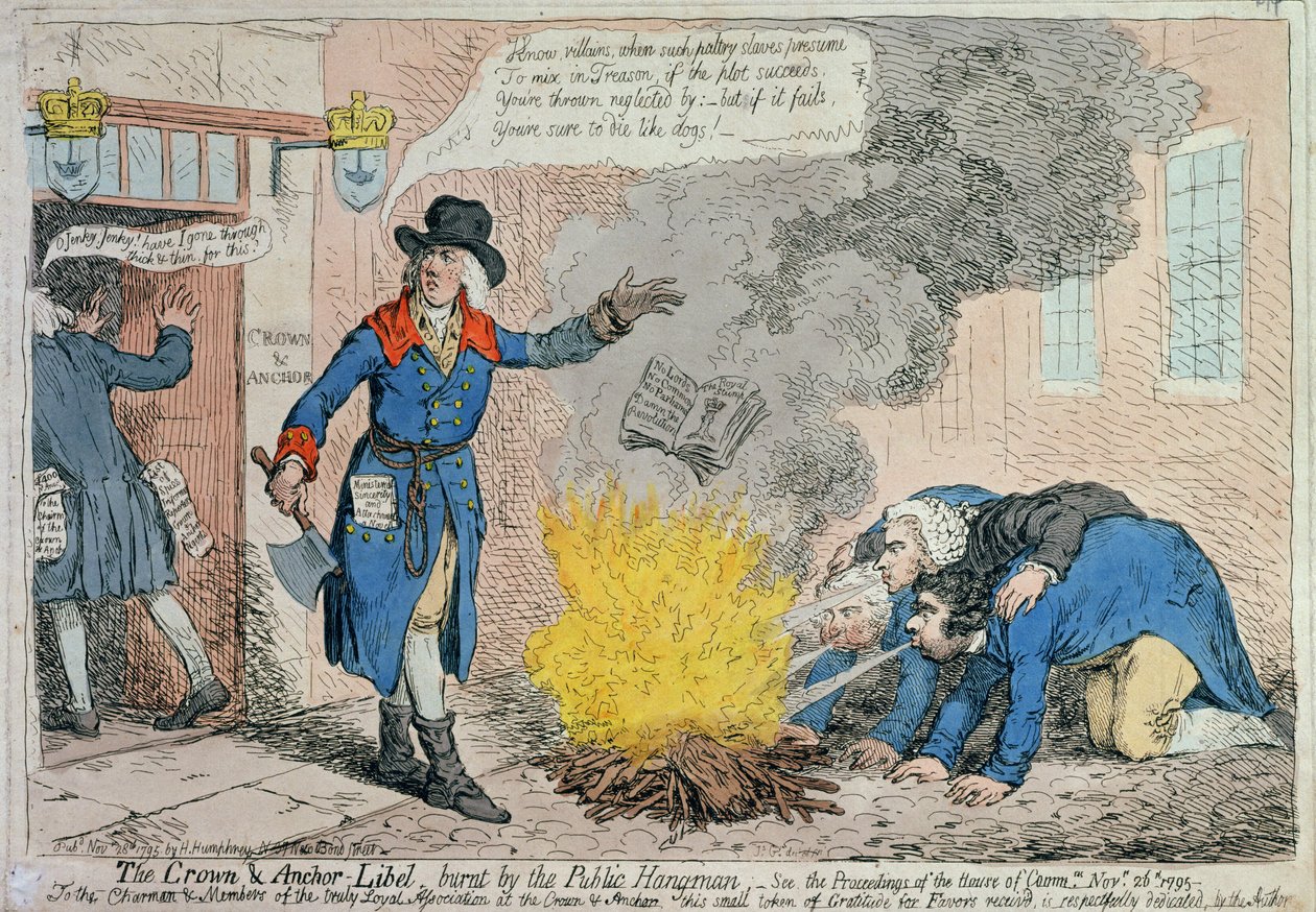 The Crown und Anchor Libel, jonka Public Hangman poltti, julkaisi Hannah Humphrey vuonna 1795 (käsinvärinen etsaus) tekijältä James Gillray