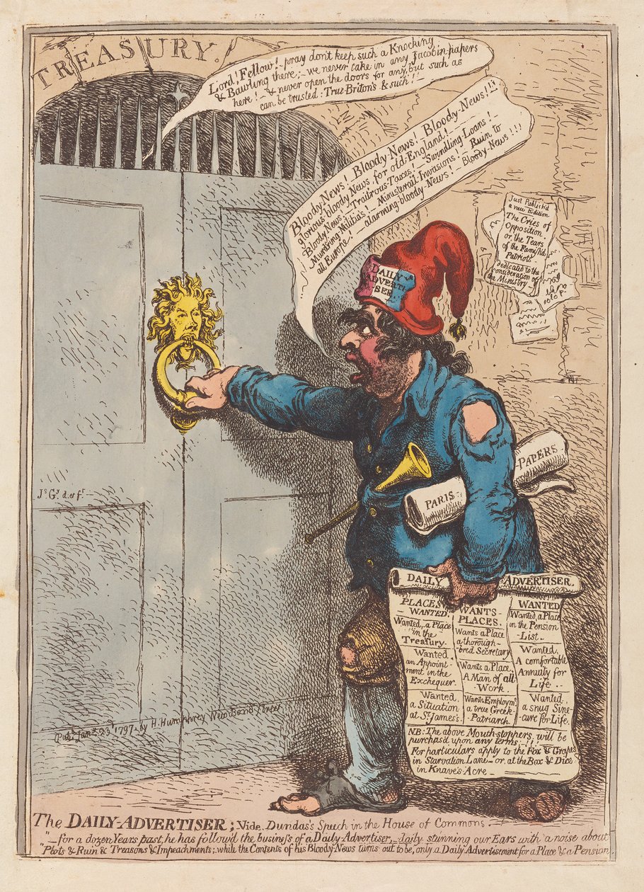 The Daily Advertiser, pub. 1797 (käsinvärinen kaiverrus) tekijältä James Gillray