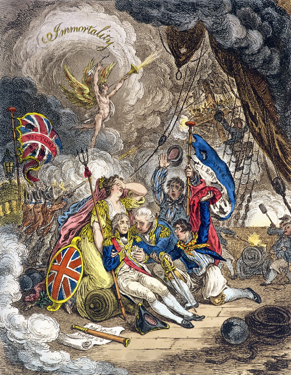 Amiraali Lordi Nelsonin kuolema voiton hetkellä! julkaisi Hannah Humphrey vuonna 1805 (käsin väritetty etsaus). tekijältä James Gillray