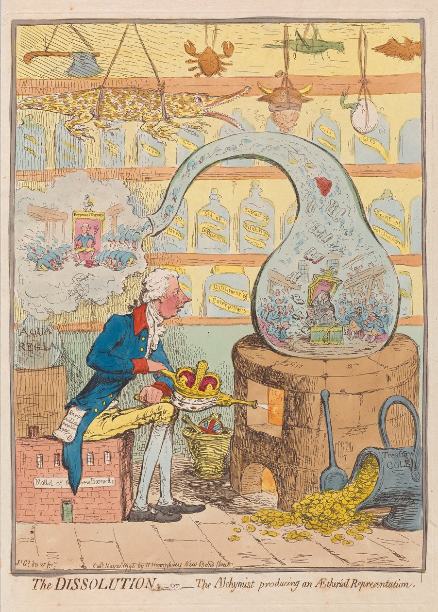The Dissolution tai The Alchymist, joka tuottaa eettisen esityksen, pub. 1796 (käsinvärinen kaiverrus) tekijältä James Gillray