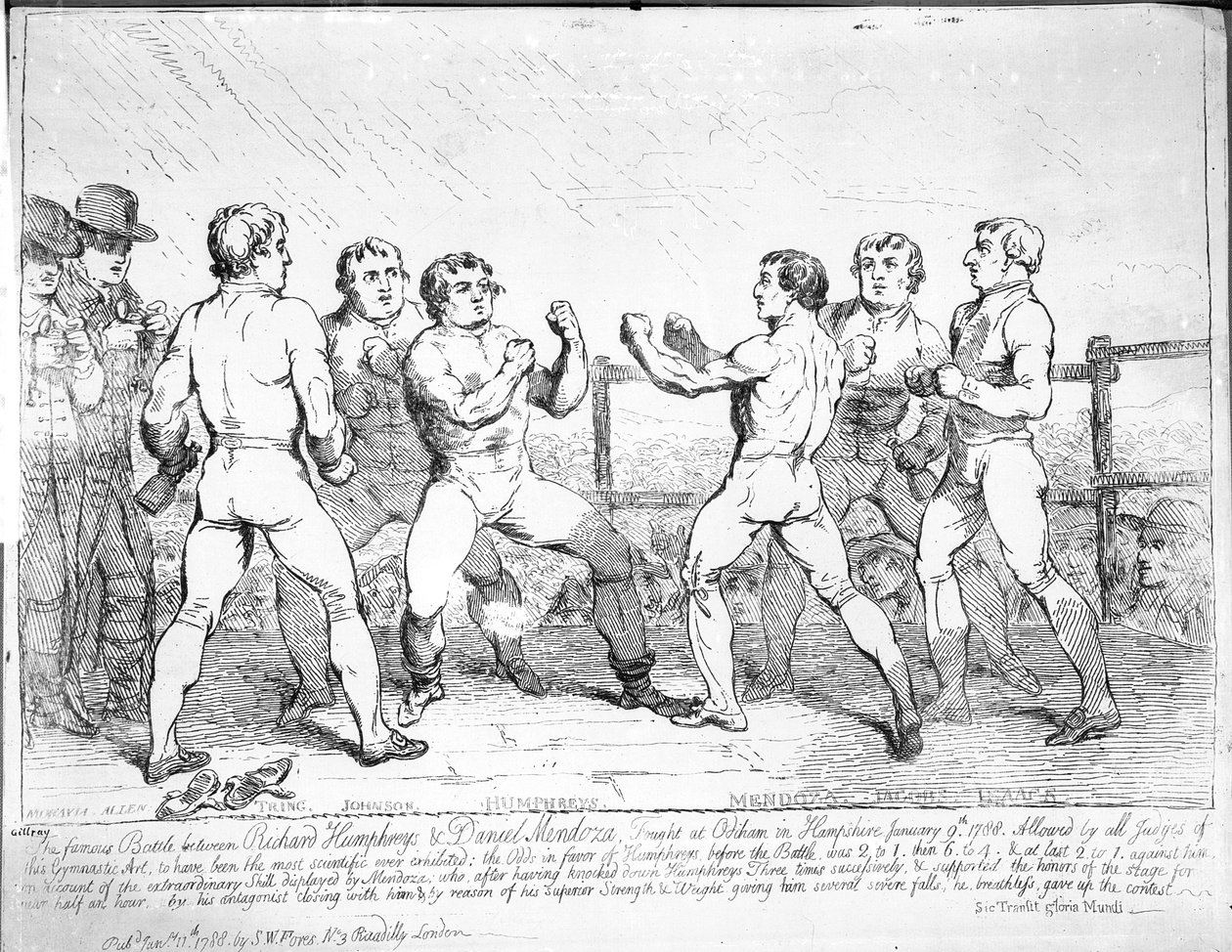 Kuuluisa taistelu Richard Humphreysin ja Daniel Mendozan välillä, 9. tammikuuta 1788 tekijältä James Gillray