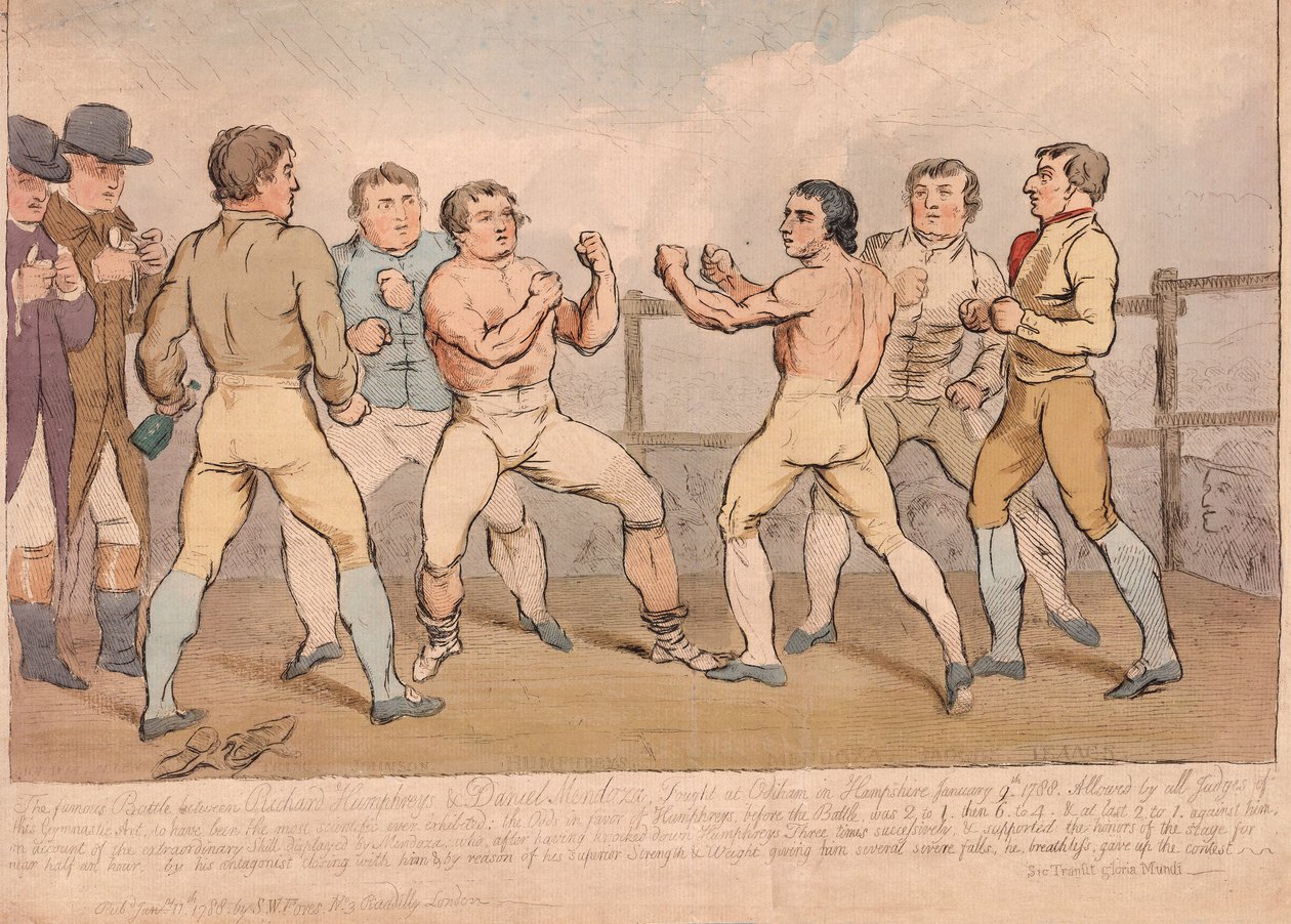 Kuuluisa taistelu Richard Humphreysin ja Daniel Mendozan välillä 9. tammikuuta 1788, pub. 1788 (käsin väritetty kaiverrus) tekijältä James Gillray