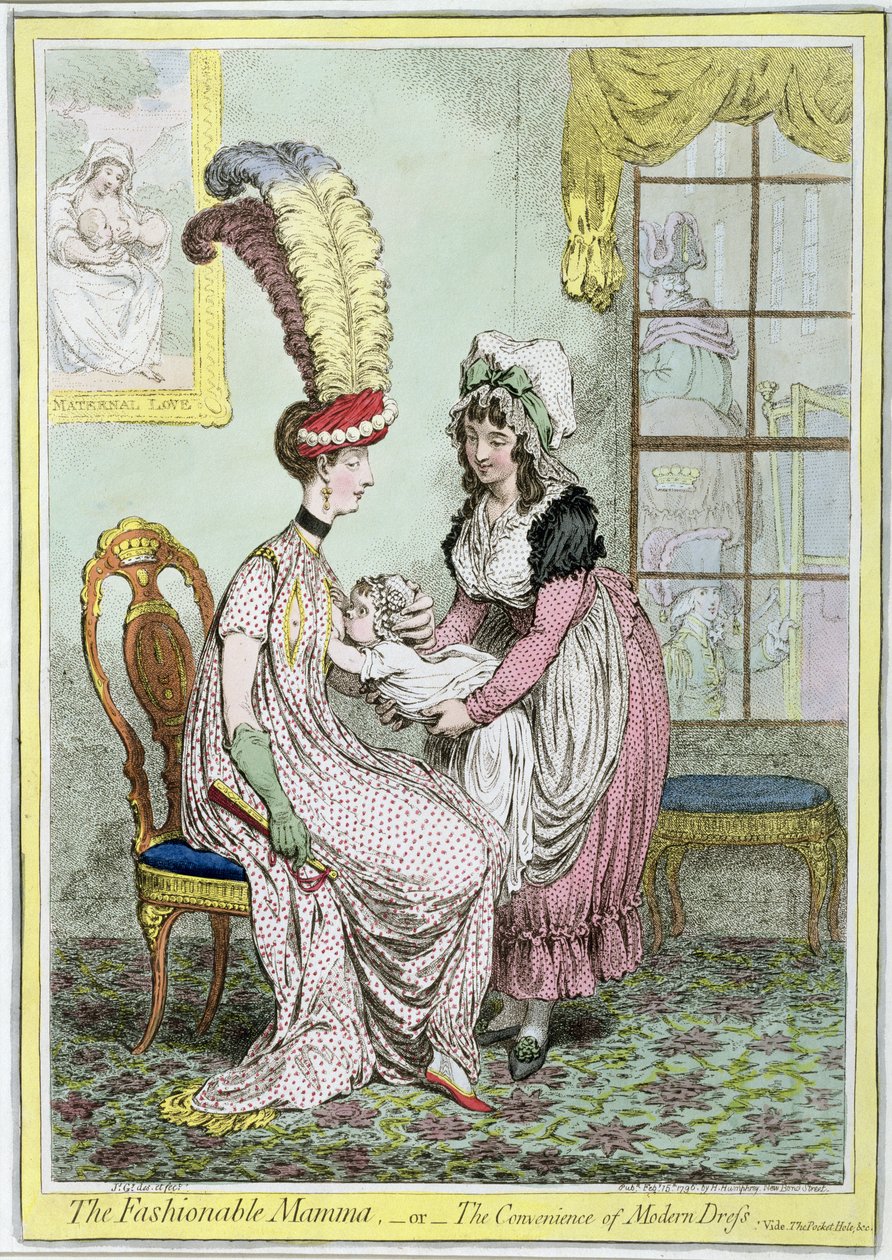The Fashionable Mamma tai The Convenience of Modern Dress, julkaistu vuonna 1796 (värikaiverrus) tekijältä James Gillray