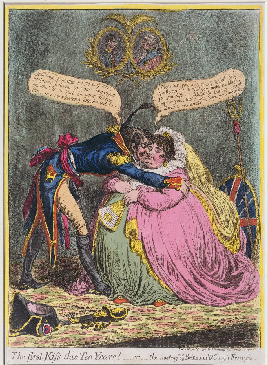 Ensimmäinen suudelma kymmeneen vuoteen! tai The Meeting of Britannia und Citizen Francois, julkaisija Hannah Humphrey vuonna 1803 (käsinvärinen etsaus akvatintalla) tekijältä James Gillray