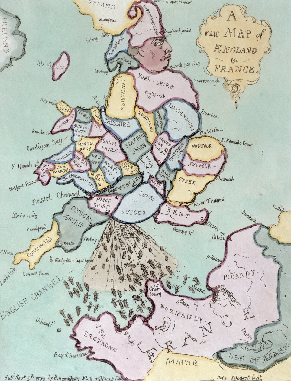 The French Invasion, eli John Bull Bombarding the Bum-Boats, julkaissut Hannah Humphrey vuonna 1793 (käsinvärinen etsaus) tekijältä James Gillray