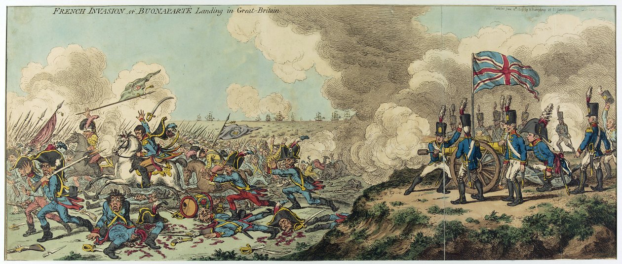 Ranskan hyökkäys eli Napoleon Bonaparten maihinnousu (1769-1821) Britanniaan (etsaus) tekijältä James Gillray