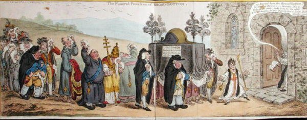 The Funeral Procession of Broad-Bottom, julkaisija Hannah Humphrey vuonna 1807 (käsinvärinen etsaus) tekijältä James Gillray