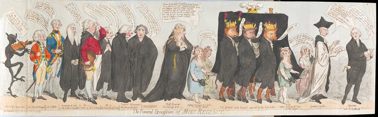 The Funeral Procession of Miss Regency, pub. 1789 (käsinvärinen kaiverrus) tekijältä James Gillray