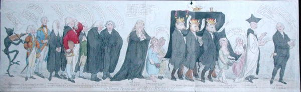 The Funeral Procession of Miss Regency, julkaisija S.W. Fores vuonna 1789 (käsinvärinen etsaus) tekijältä James Gillray