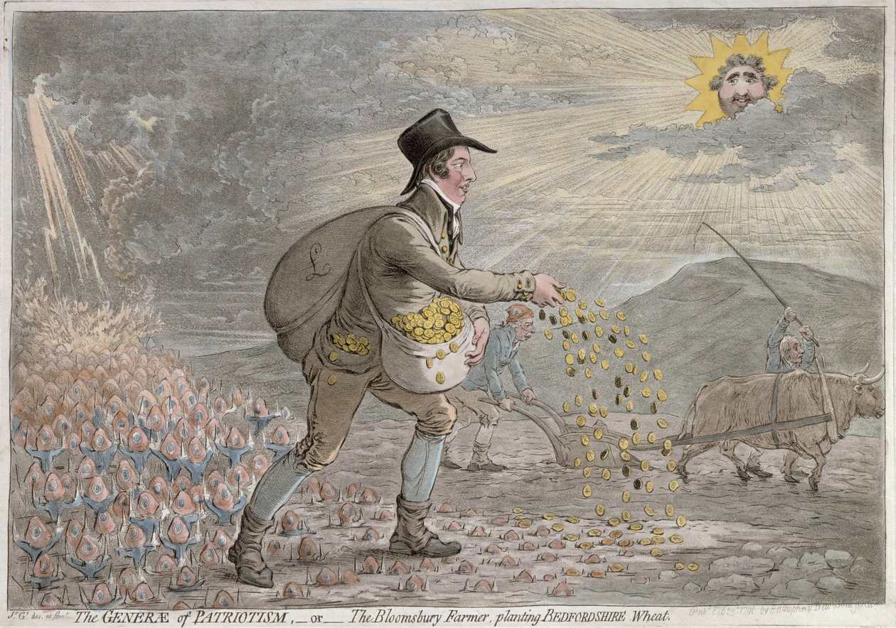 The Generae of Patriotism eli The Bloomsbury Farmer istuttaa Bedfordshire Wheat, julkaisi Hannah Humphrey vuonna 1796 (käsinvärinen etsaus) tekijältä James Gillray