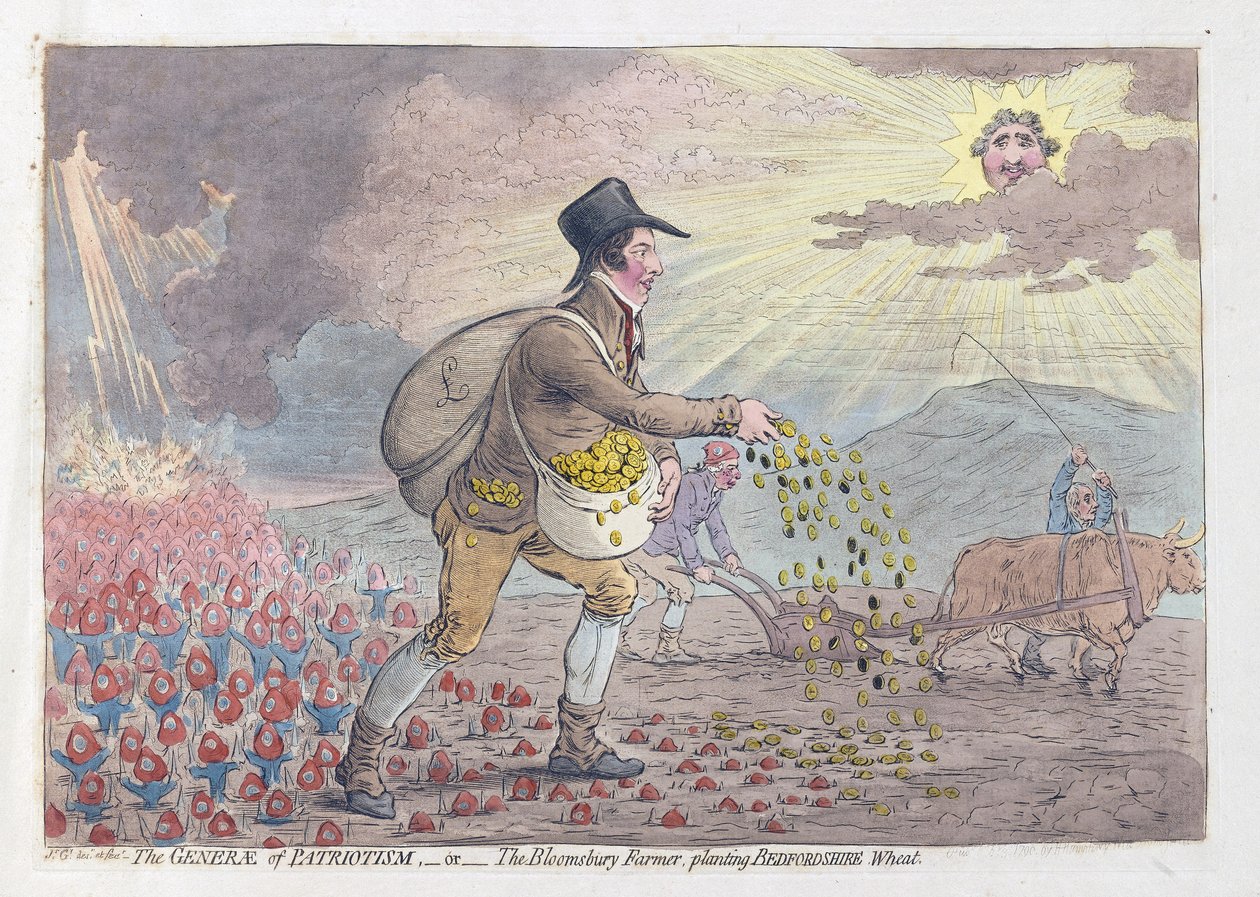 The Generae of Patriotism tai The Bloomsbury Farmer istuttaa Bedfordshire Wheat, pubi. 1796 (käsinvärinen kaiverrus) tekijältä James Gillray