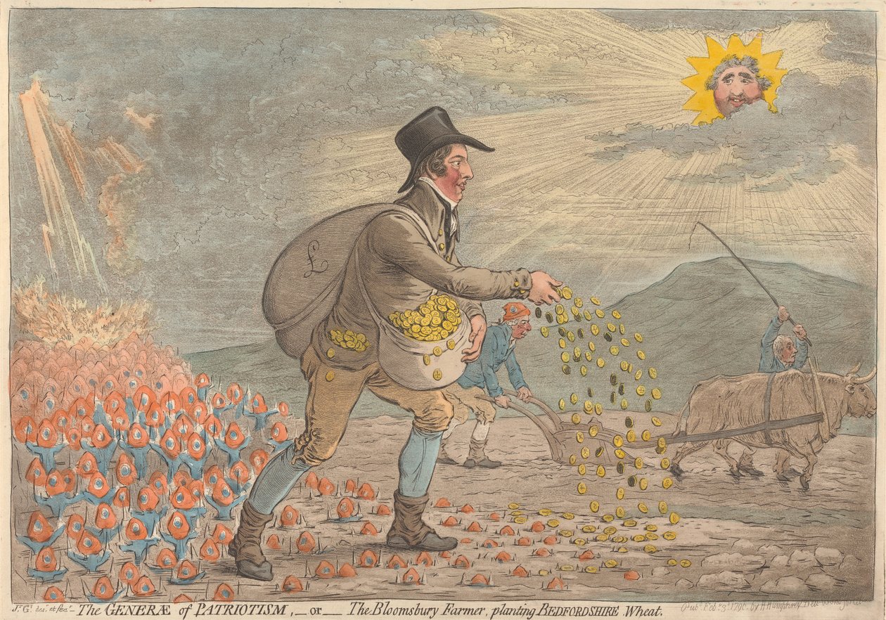 Isänmaallisuuden kenraali - eli - Bloomsburyn maanviljelijä istuttamassa Bedfordshiren vehnää tekijältä James Gillray