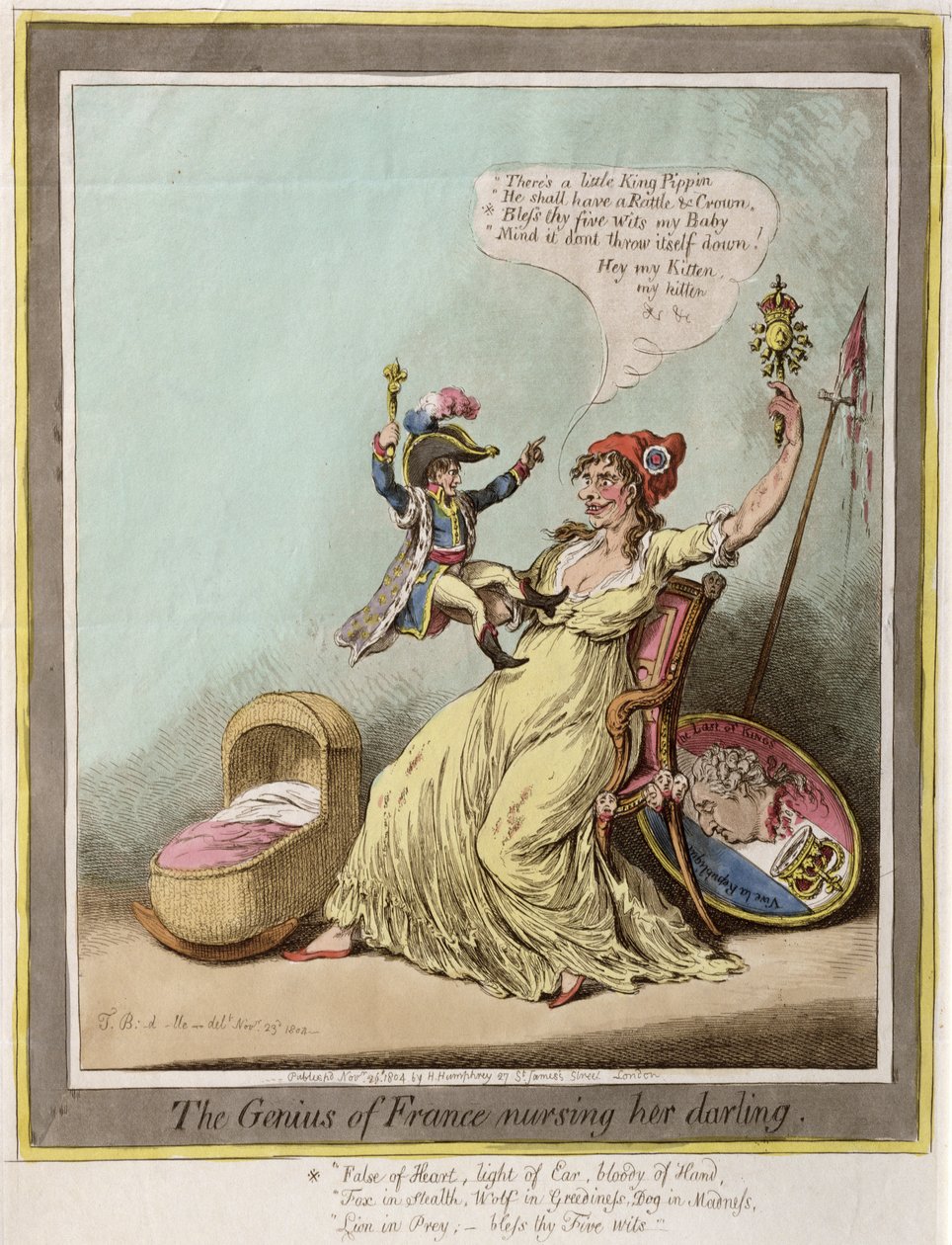 Hannah Humphreyn vuonna 1804 julkaisema "The Genius of France Nursing her Darling" (käsinväritetty etsaus). tekijältä James Gillray