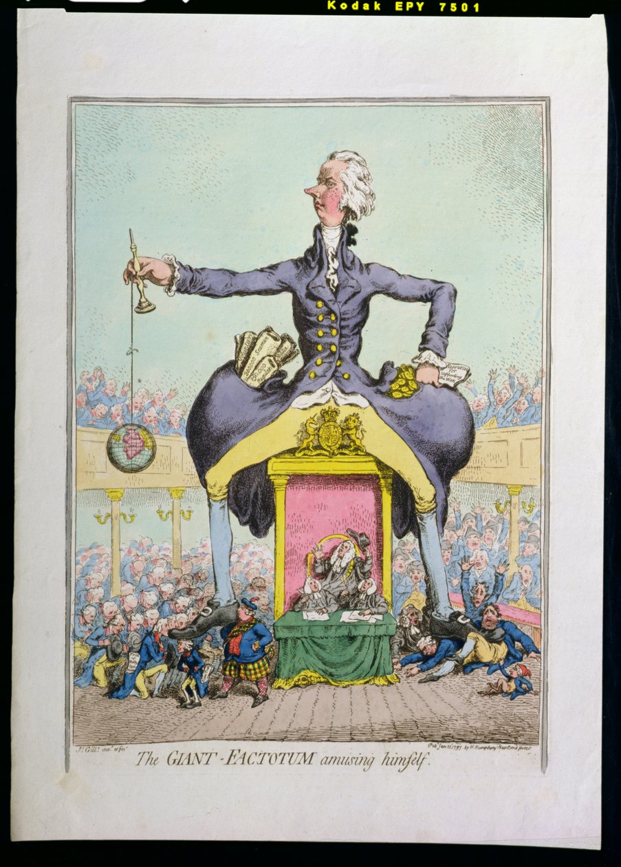 Itseään huvittava jättiläinen Factotum, Hannah Humphreyn vuonna 1797 julkaisema (käsinvärinen etsaus) tekijältä James Gillray