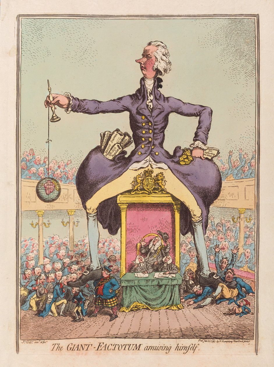 Giant Factotum huvittaa itseään, pubi. 1797 (käsinvärinen kaiverrus) tekijältä James Gillray