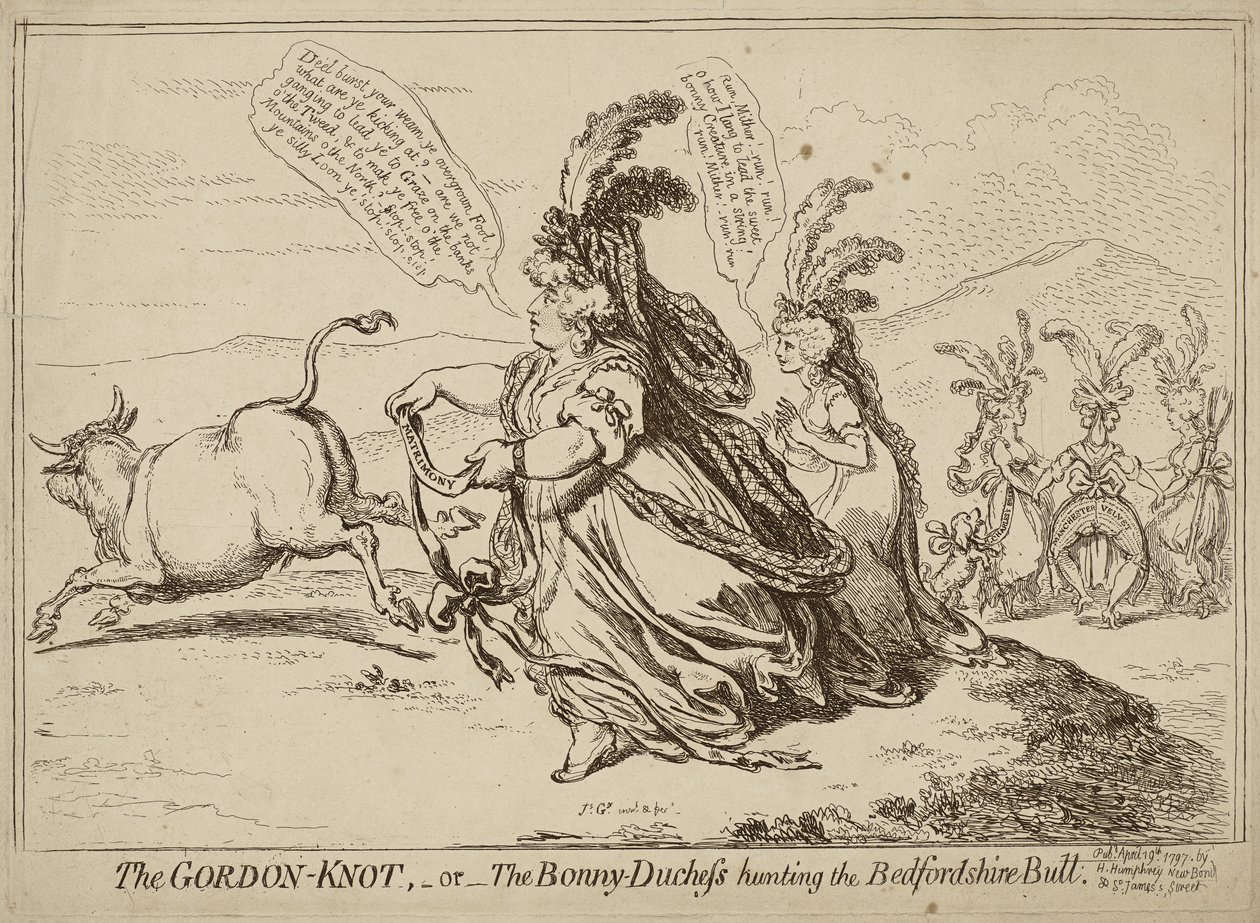 Gordon Knot tai Bonny-Duchess Hunting the Bedfordshiren Bull, julkaistu 29. huhtikuuta 1797 (etsaus kudospaperille) tekijältä James Gillray