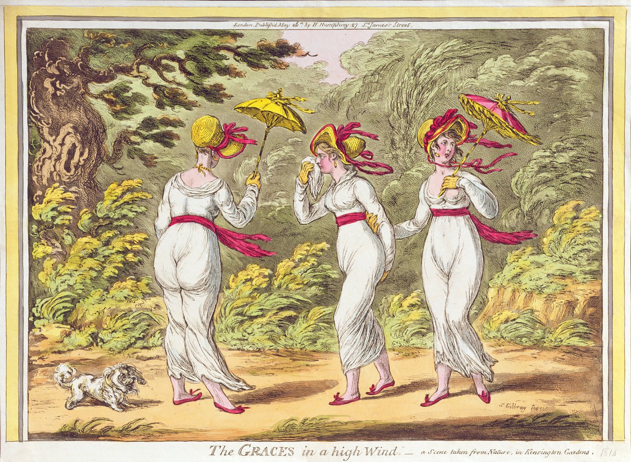 The Graces in a High Wind, kohtaus otettu luonnosta Kensington Gardensissa, pubissa. kirjoittanut Hannah Humphrey, 1810 tekijältä James Gillray