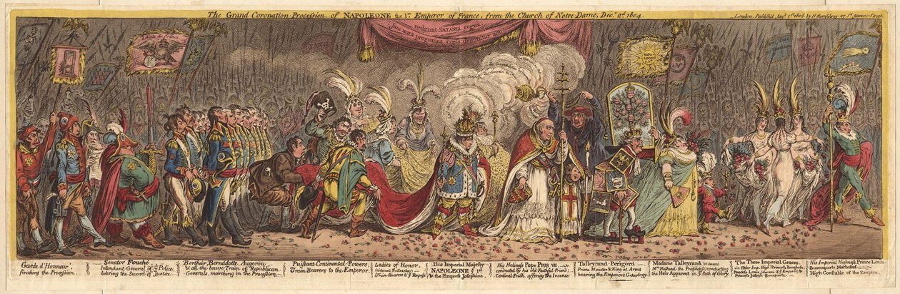 Ranskan 1. keisarin Napoleonin kruunauskulkue Notre-Damen kirkosta, 1805 tekijältä James Gillray