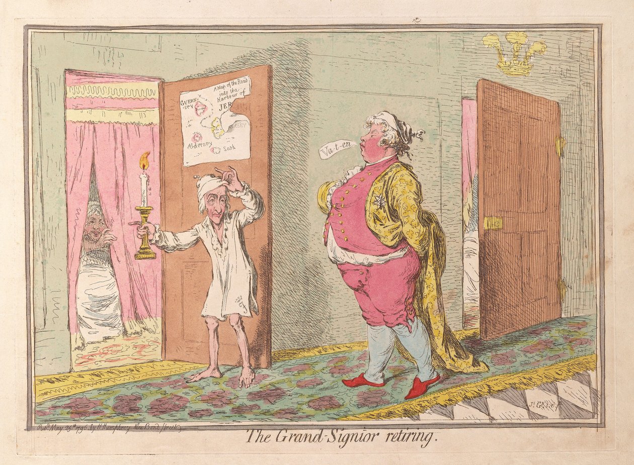 Grand Signior eläkkeellä, pubi. 1796 (käsinvärinen kaiverrus) tekijältä James Gillray