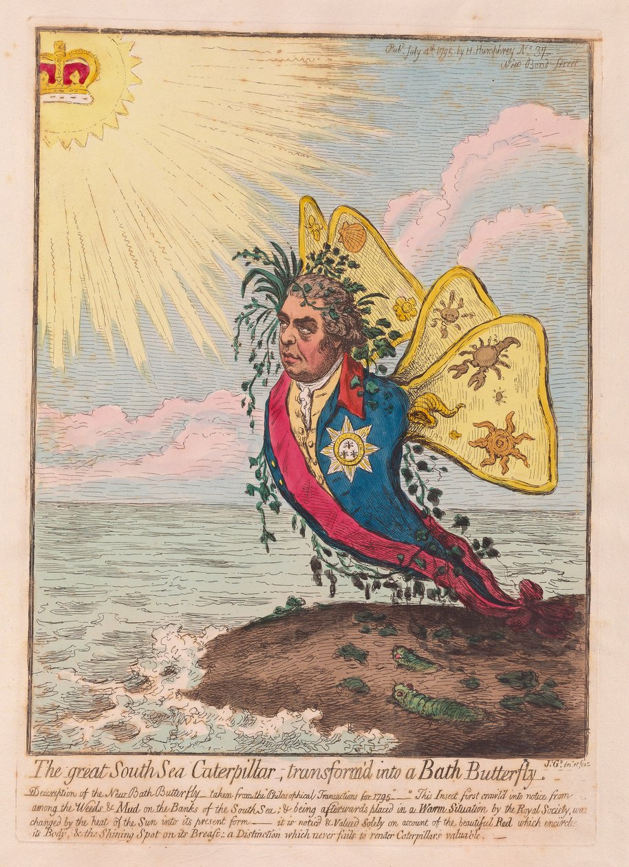 The Great South Sea Caterpillar, muutettu Bath Butterfly -pubiksi. 1792 (käsinvärinen kaiverrus) tekijältä James Gillray