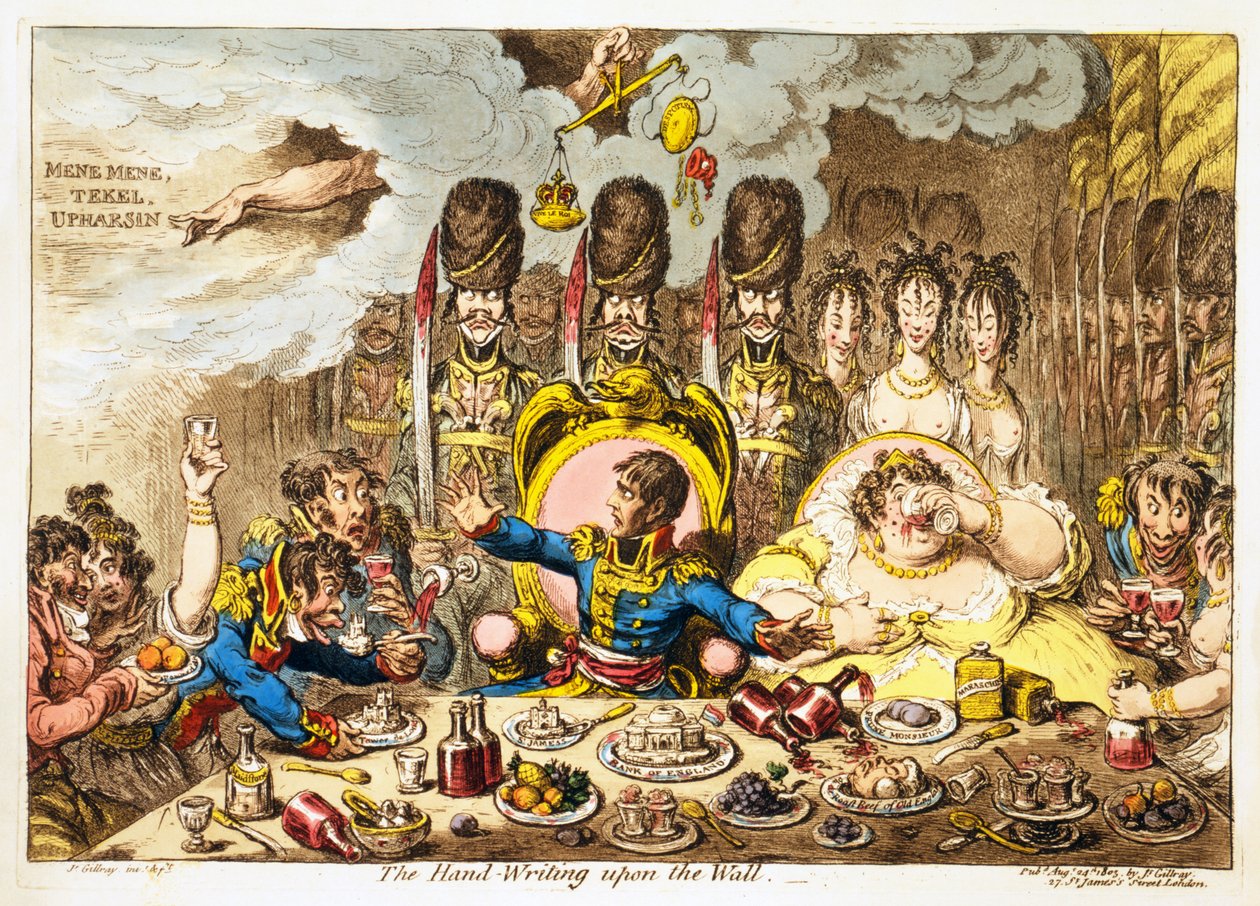 The Hand-Writing upon the Wall, pub. 1803 (käsin väritetty kaiverrus) tekijältä James Gillray